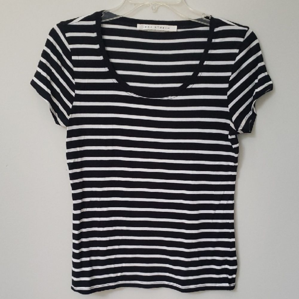 Max Studio Tee Shirt Womens S Black White Striped Scoop Neck Modal Top Basic